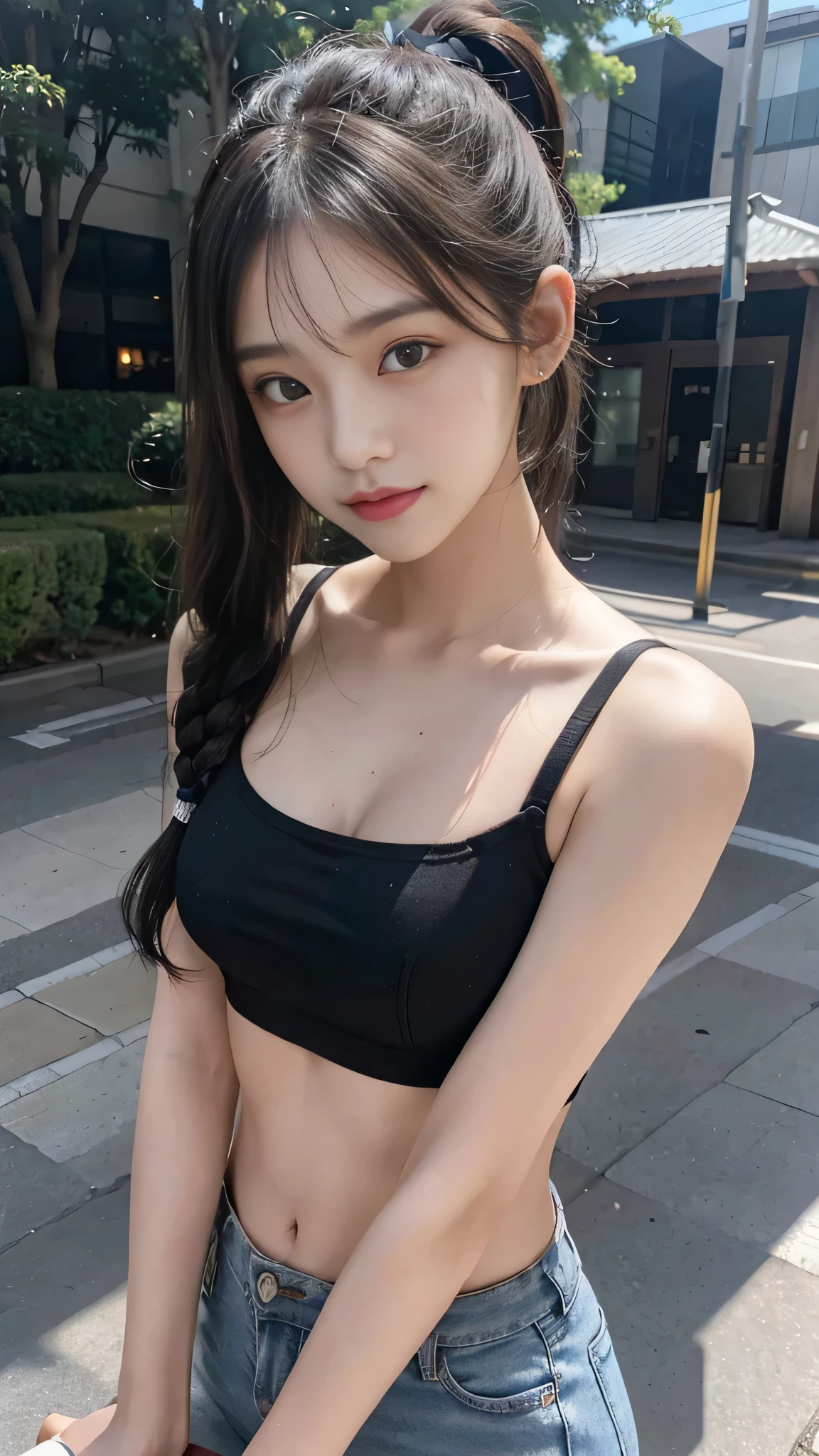 Black underwear shows through the T-shirts with wide neck openings,Bra straps are showing,jeans,outdoors,Urban Park,On the lawn,Close up face,One woman,masutepiece, The highest image quality, High quality, the background is clear,Beautiful woman, Japanese, Detailed, Detailed eyes, Detailed skin, Beautiful skin, 超hight resolution, (reality: 1.4),Very beautiful woman, Slightly younger face, Beautiful skin, slender, (Ultra photo realsisim), (hight resolution), (8K), (Very detailed) (beautifully detailed eyes), (super detailed), (Detailed face), view the viewer, Fine details, Detailed face, Staring straight ahead, Staring straight ahead, photos realistic, Bright lighting, Professional Lighting, Black hair,poneyTail,a baby face,fourteen years old,Hairstyle: ponytail,Long ponytail hairstyle,slight smile,neat and tidy clothing,Beautiful Japanese KPOP idol photo, hair style is ponytail, my eyes are double and wide, baby face, smile and look straight ahead, slender, small breasts,Close up face,