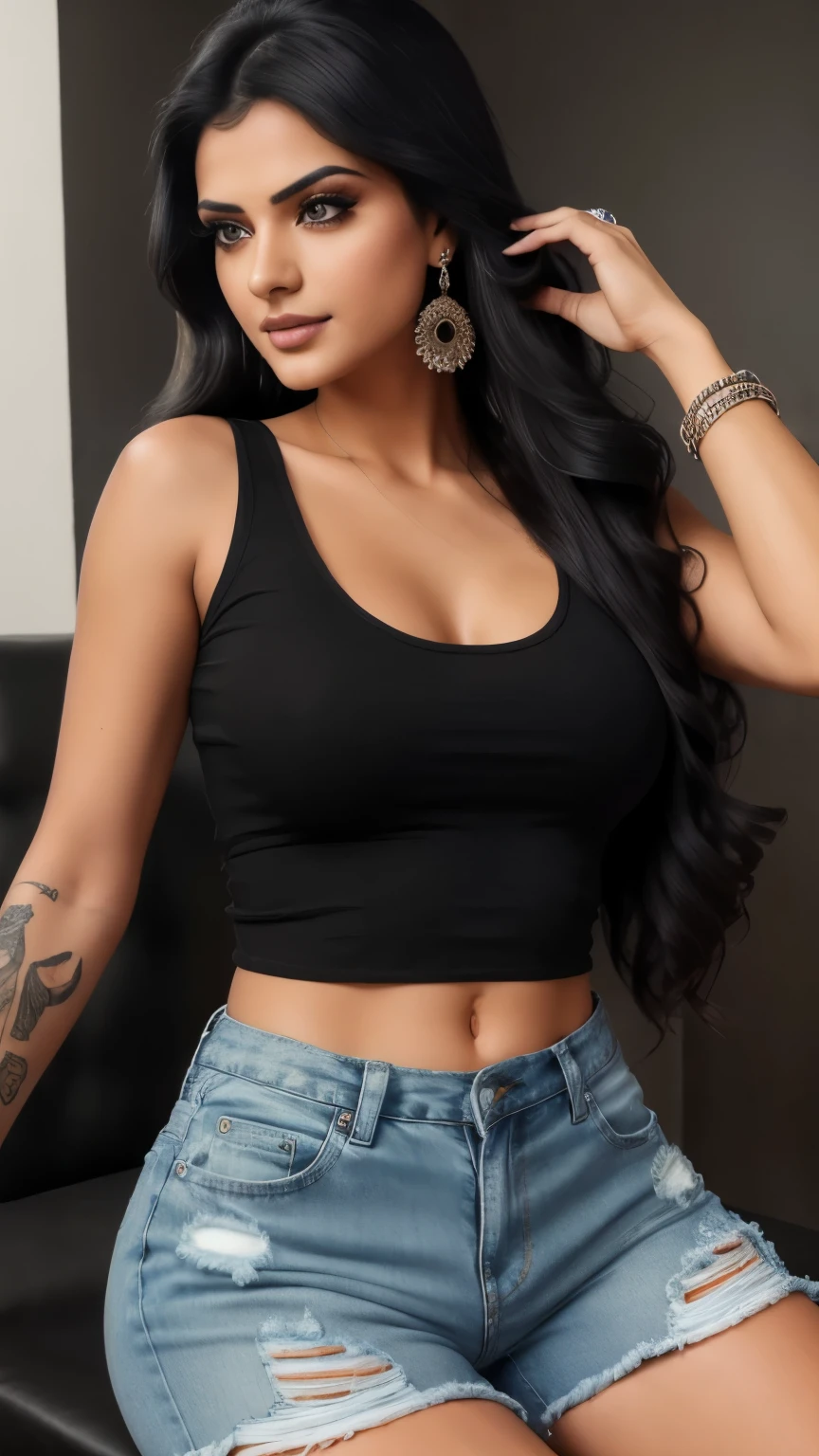 (Master piece), 1girl, long black hair, black eyes, glow eyes, unkind face, very detail face, Wearing a black plaid shirt inside a white tank top, blue short jeans shredded, white shoes, left ear earring, ring tatoo, full body, sit at cafe, 4k, 8k, ultra detail.