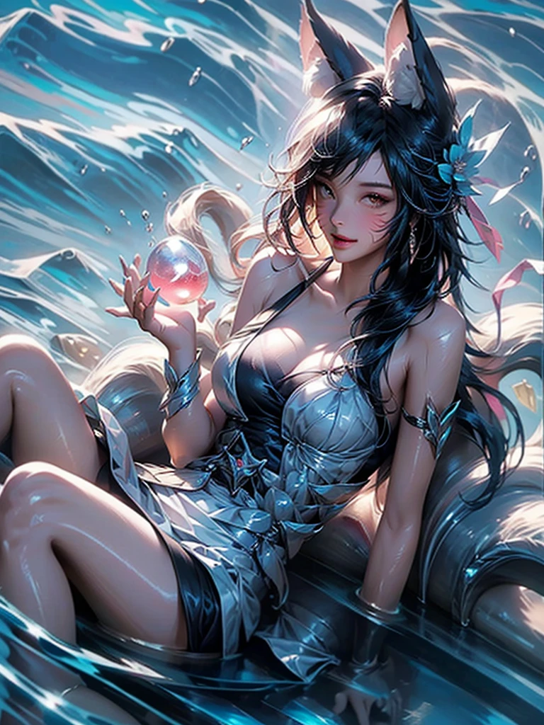 high resolution、Very beautiful woman、Very realistic photos、Very detailed depiction、The body is wet with water、nice smile、Beautiful Beach、Nice swimsuit、Well-shaped hands、well-shaped legs、sitting on the beach、1people、Eating ice