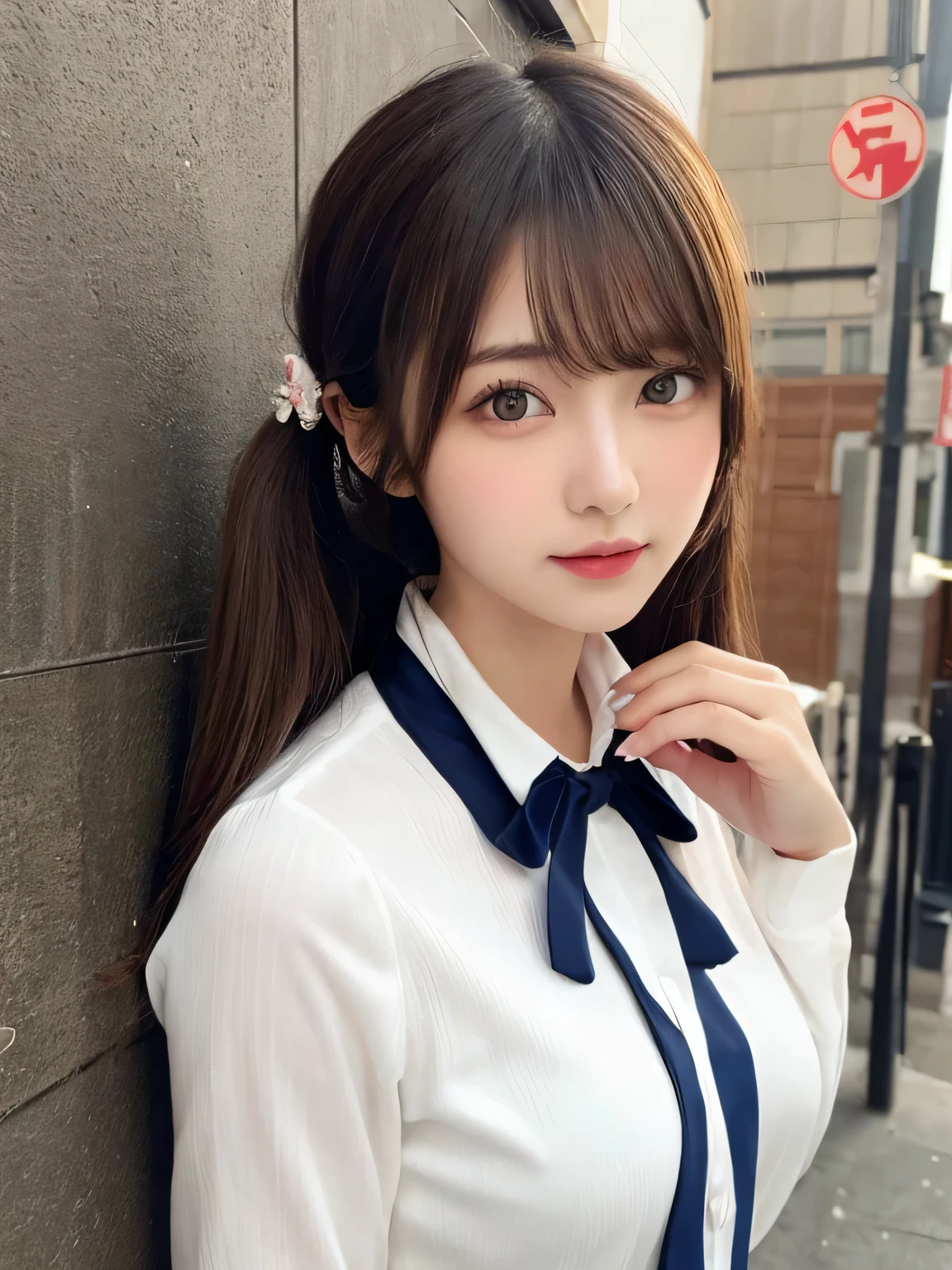 highest quality, figure, Blonde、sexy、slender、Red tie、Navy blue open front shirt、Navy blue exy、Shapely small breasts、sexy、sexy、Very detailed, Fine details,Slim body、slender、Japanese girl、 High resolution, 8k,wallpaper, Perfect dynamic composition, Beautiful fine details, Short Twin Tails、Big Natural Color Lip, smile、Cold Stare,14-year-old girl、Cute type、Lolita、Good Eyes、whole body,Light blue wall,Sexy thighs are visible、