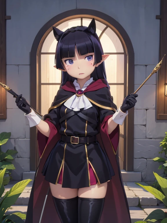 ((ruri gokou)), One girl, blush, Black Hair, Mole, Mole under eye, Hime cut, (Elf), (dark elf), (Long ears), wood々In harmony with, (Fairy), magic, Black Robe, Mid-length skirt, Archer, Forest People, longbows, magic, wood々Spirits of, elven robe, hood, cloak, dark tunic, gloves, belt,  thigh boots, Lush forest, magicの森,