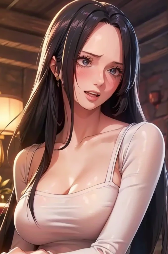 best quality, masterpiece, highly detailed,1girl, Boa Hancock, , (masterpiece:1.5), Detailed Photo, Smiling, Sexy, (8K, Best Quality: 1.4), (1girl), Beautiful Face, (anime realistic Face), (Black Hair, long Hair: 1.3), Beautiful Hairstyle, Realistic eyes, beautiful detail eyes, (white skin), beautiful skin, absurd, attractive, ultra high resolution, ultra realistic, high definition, golden ratio, (sexually aroused:1.5), Pinkish white skin, cool white light, sexy pose, Beautiful , white background, pink soft white light, (Wear a black bodycon dress:1.5)