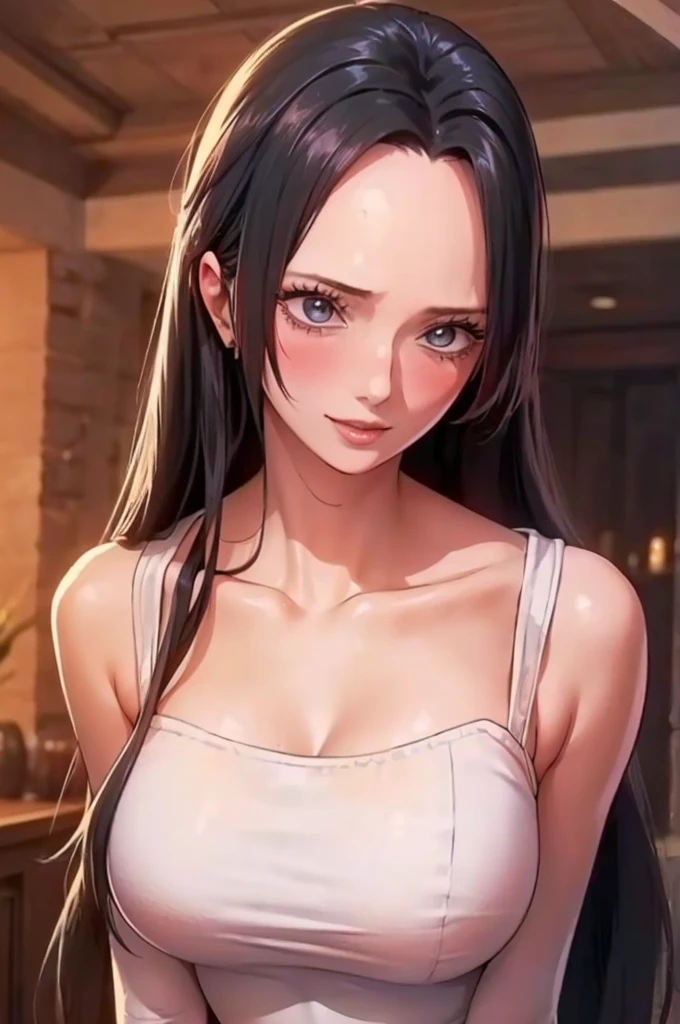 best quality, masterpiece, highly detailed,1girl, Boa Hancock, , (masterpiece:1.5), Detailed Photo, Smiling, Sexy, (8K, Best Quality: 1.4), (1girl), Beautiful Face, (anime realistic Face), (Black Hair, long Hair: 1.3), Beautiful Hairstyle, Realistic eyes, beautiful detail eyes, (white skin), beautiful skin, absurd, attractive, ultra high resolution, ultra realistic, high definition, golden ratio, (sexually aroused:1.5), Pinkish white skin, cool white light, sexy pose, Beautiful , white background, pink soft white light, (Wear a black bodycon dress:1.5)