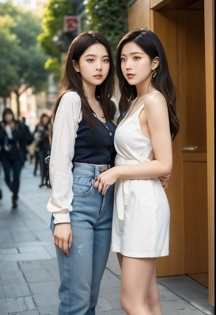 A pair of friends standing under a tree in the park，couple姿势，[The Art of Mathematics]!,lifelike的画面，lifelike!!!!!!Art style， 浪漫的couple， 可爱的couple， couple肖像， couple， Beautiful style， ， Official fan art， Beautiful Art，， Produced in collaboration with animation artist studio