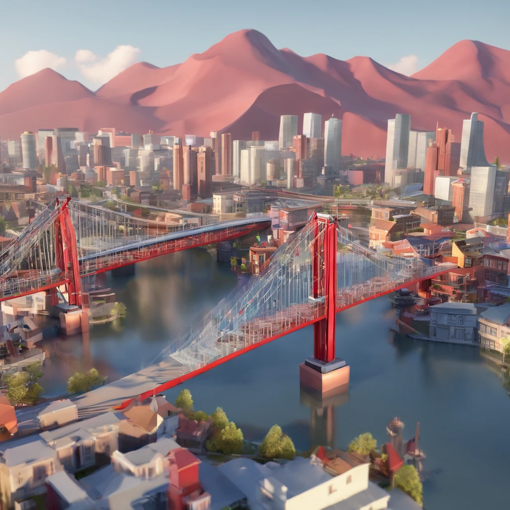 Create a city with two bridges。One of them is the new grey, And another dark red cantilever bridge., There's a city above, 3D Style, Pixar, Disney