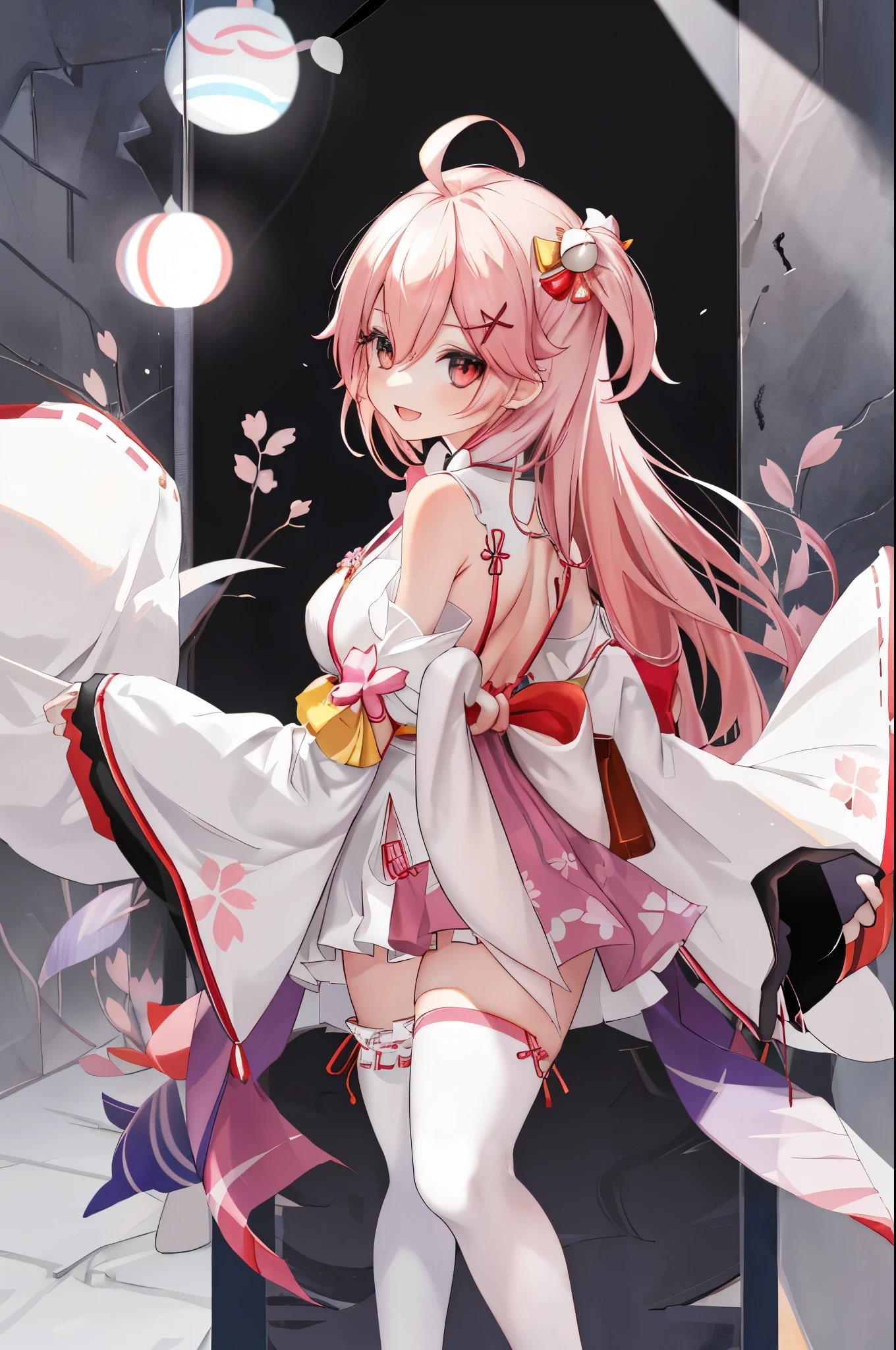 masterpiece, best quality, highres, miko1, sakura_miko, 1girl, big_boobs, solo, ahoge, x_hair_ornament, pink_hair, floral print, hairclip,(side_less_clothes:1.5), (side_boobs:1.5), hair_bell, floral print, long_hair, hair between eyes, one side up, white thighhighs, asymmetrical legwear, wide sleeves, open_mouth,(happy:1.3),gleen_eyes,big_smile,(rise_leg:1.3),plump,apart_legs,(overly_long_sleeves:1.3),),sleeves_past_wrists,hands_hidden_sleeves,sidelock_clothes,dynamic_posing,solo,hidden_wrists,(XD:1.4),covered_nipples,