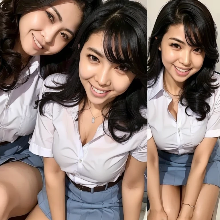 ((masterpiece)), ((best quality)), ((realistic photo)), ((full body image)), wide shot angle, (3girls), (smiling mouth:1.37), (Exquisite facial details), (Highest quality realistic skin texture:1.4), Supermodel, 16 years old , Perfect ???????:1.37, Indonesian women, high school girls, gravure, sexy, (updo hair style), (colored hair brown:1.21), proportional face, (face detail), (eye details), red cheeks, make up, (white unbottoned shirt, gray short skirt), ((small breasts)), tempting Cleavage, ((Thin sweat-drenched body)),(Sexy lower body), big thighs, perfect ????????????, (side view of school park, threes, flowers, bench), correct teeth position, (Brown eyes) , Symmetrical eyes, Thin eyelashes, Sharpen eyebrows, ((Good eyes for quality:1.2)), (Long eyeliner), (red lipstick:0.8), (Nose detail:1.2), Perfect composition, (fresh and exicited:1.3), (Beautiful Lips:1.33), (Short nose:1.2), ((Realistic)), ((Sharp focus)), ((sexy legs)), ((white sneakers)), (Highest Resolution), highly detailed, professional photos, highly detailed, 8k photography, HDR, depth of field, high resolution, dramatic cinematography lighting.