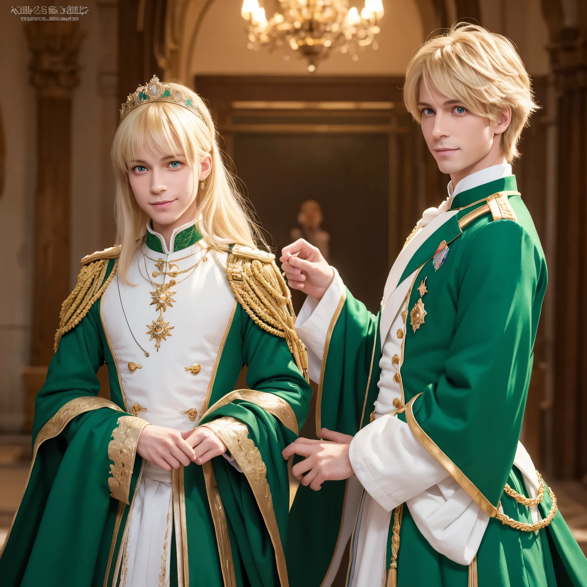 Very detailed, Absurd, Ultra-high resolution, Very detailed, highest quality,anime,animemovie,Fantasy, good looking,adult,30 years old,Blonde,Slightly longer short hair,Handsome,Emerald green eyes,smile,Prince,Prince's clothes,White clothes,Europe,Castle Background,indoor,View your viewers,1 person,