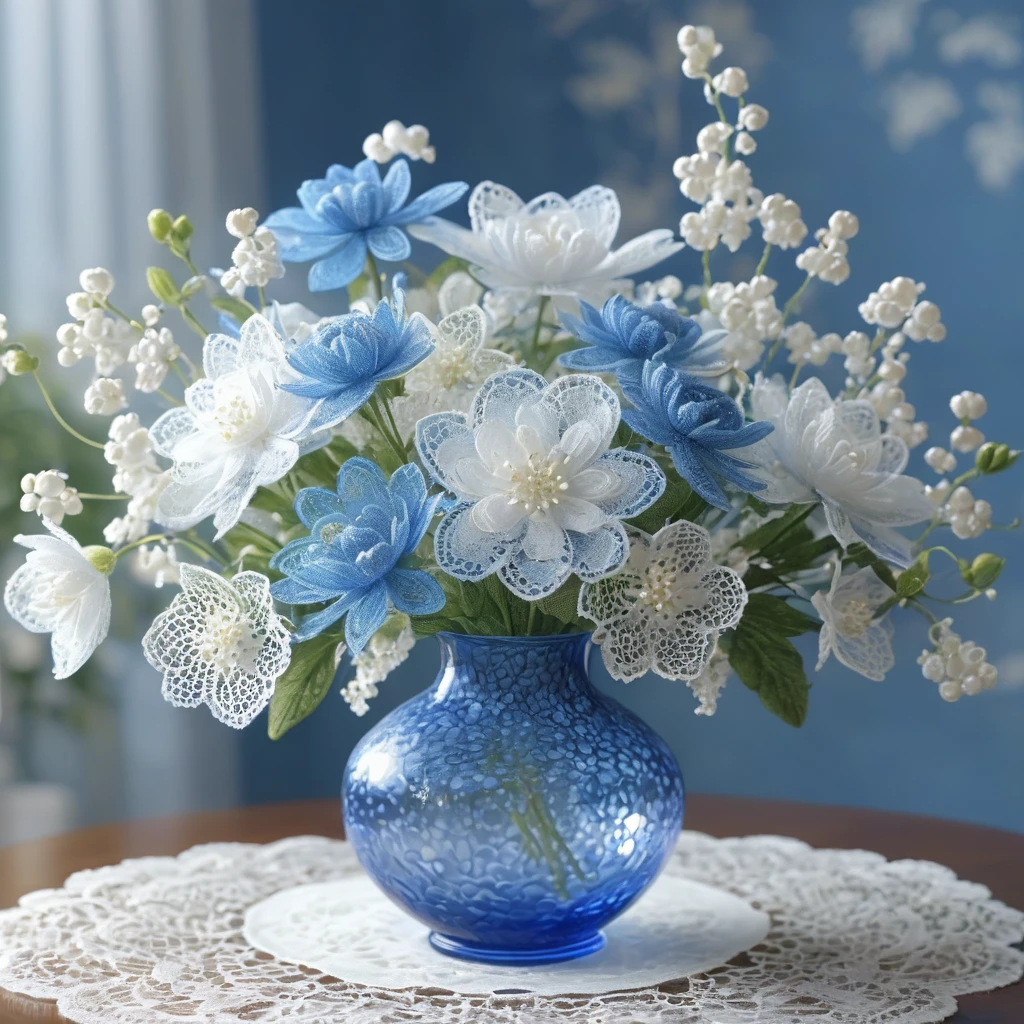 Blue and white laceで出来た花, Beautiful lace flowers, Lace flowers decorating the room, indoor, Beautiful glass vase, Blue and white lace, Very delicate lace, best quality:1.2, 4k, 8K, Very detailed, High Detail, masterpiece:1.2, 