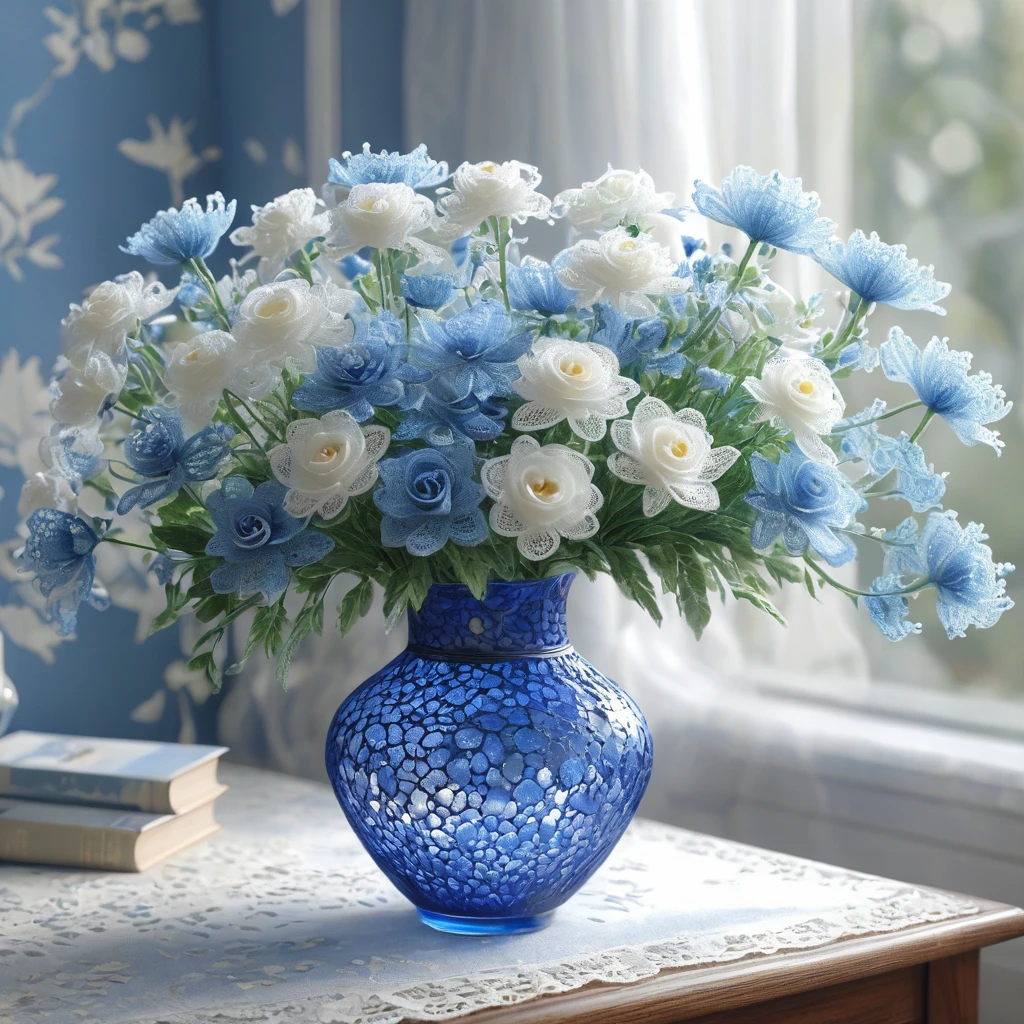 Blue and white laceで出来た花, Beautiful lace flowers, Lace flowers decorating the room, indoor, Beautiful glass vase, Blue and white lace, Very delicate lace, best quality:1.2, 4k, 8K, Very detailed, High Detail, masterpiece:1.2,