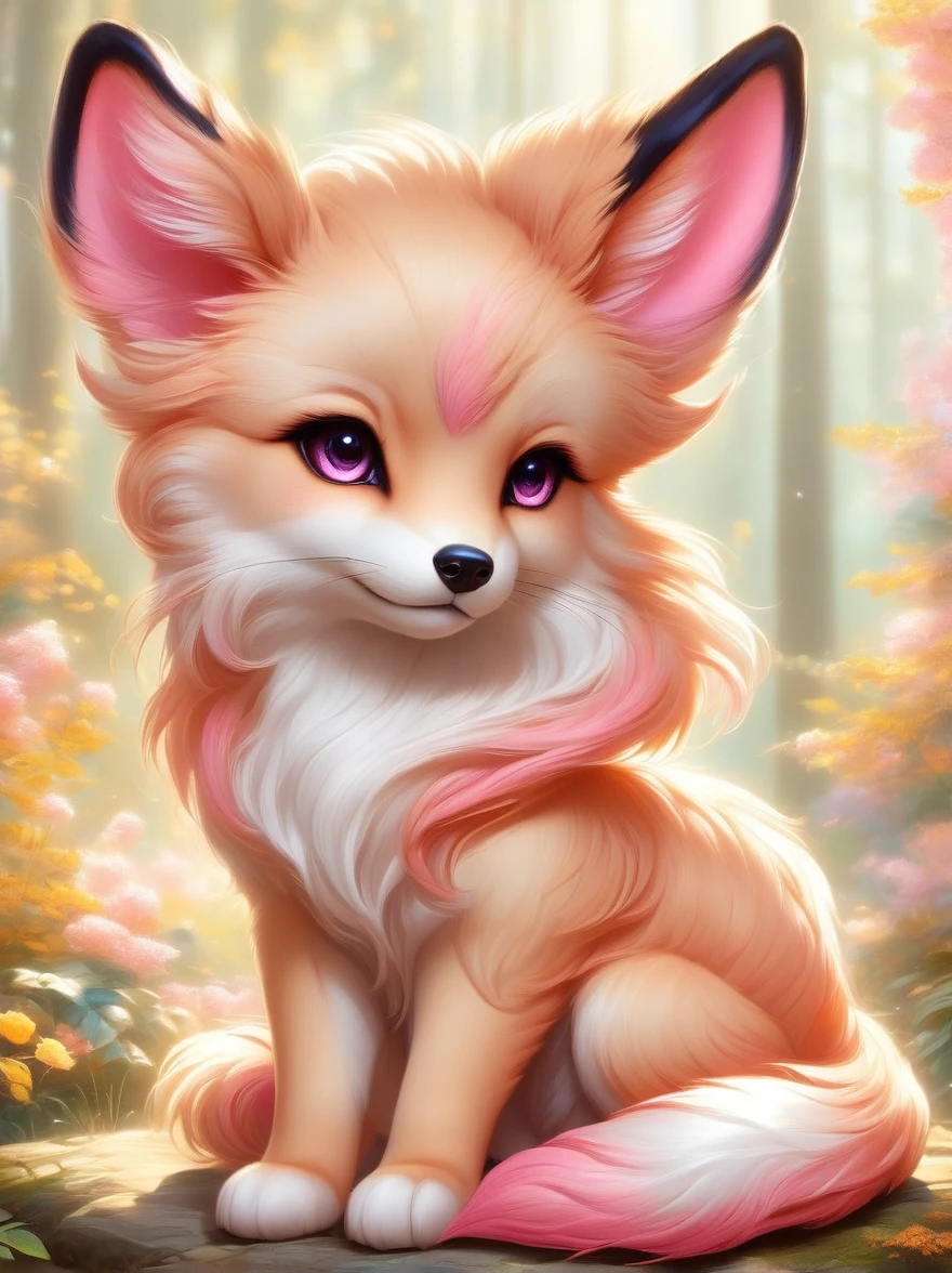 about the size of a medium dog, approximately 40 cm tall and 60 cm long.
Fur: Its fur is incredibly soft and smooth, resembling silk. The color is a mix of light pink and white, with a slight shimmer under sunlight.
Ears: It has a pair of large, round ears with a pale pink interior.
Eyes: Its eyes are exceptionally large, taking up a significant portion of its face. They are bright and deep, resembling obsidian, giving it a gentle and innocent look.
Tail: It has a fluffy tail similar to that of a fox, which moves gracefully as it runs.
Paws: Its paws are pink, with small gripping capabilities on its toes, allowing it to climb and grasp objects.
