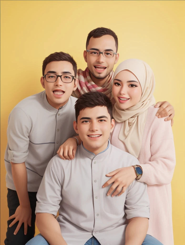 Realistic, best quality, instagram, 3 man, woman with hijab, view to the camera