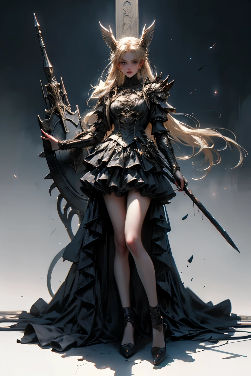 ((best quality)), ((masterpiece)), (detailed), perfect face ((best quality)), ((masterpiece)), (detailed), blank white background, plain background, white background, Bloodborne inspired,  occult aesthetic, occult, detailed and intricate steampunk and detailed gothic, (zentangle, mandala, tangle, entangle),  NSFW, torn clothing, Very dramatic and cinematic lighting, cosmic horror, grim-dark, side-lighting, perfect face, a beautiful goddess adorned and enshrined in armour, Bloodborne inspired , occult aesthetic , occult , detailed and intricate steampunk and detailed gothic , wielding a sword and holding a shield, NSFW, Fluttering lace flared short dress with frilly petticoats, knee length dress, pleated petticoats, lolita dress, petticoats gothic lolita, side-lighting, gothic lolita aesthetic, beautiful small breasts, small breasts, full body, whole body, body, plain background, white background, blank background, no background, white background NSFW, full body, whole body, head-to-toe
