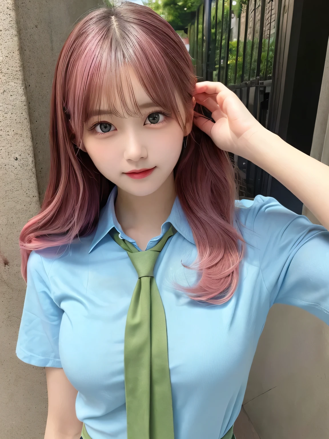 highest quality, figure, Pink Hair、sexy、slender、Green tie、Open front pink shirt、Blue exy、Shapely small breasts、sexy、sexy、Very detailed, Fine details,Slim body、slender、Japanese girl、 High resolution, 8k,wallpaper, Perfect dynamic composition, Beautiful fine details, Short Twin Tails、Big Natural Color Lip, smile、Cold Stare,14-year-old girl、Cute type、Lolita、Good Eyes、whole body,Light blue wall,Sexy thighs are visible、