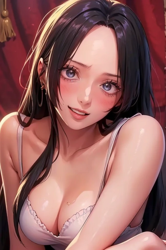 best quality, masterpiece, highly detailed,1girl, Boa Hancock, , (masterpiece:1.5), Detailed Photo, Smiling, Sexy, (8K, Best Quality: 1.4), (1girl), Beautiful Face, (anime realistic Face), (Black Hair, long Hair: 1.3), Beautiful Hairstyle, Realistic eyes, beautiful detail eyes, (white skin), beautiful skin, absurd, attractive, ultra high resolution, ultra realistic, high definition, golden ratio, (sexually aroused:1.5), Pinkish white skin, cool white light, sexy pose, Beautiful , white background, pink soft white light, Wear a black bodycon dress, (messy hair:1.5)