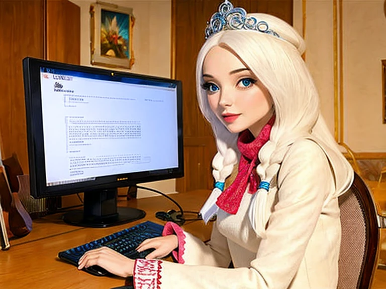 (masterpiece, best quality:1.2), A beautiful white-haired girl is sitting at a computer.
