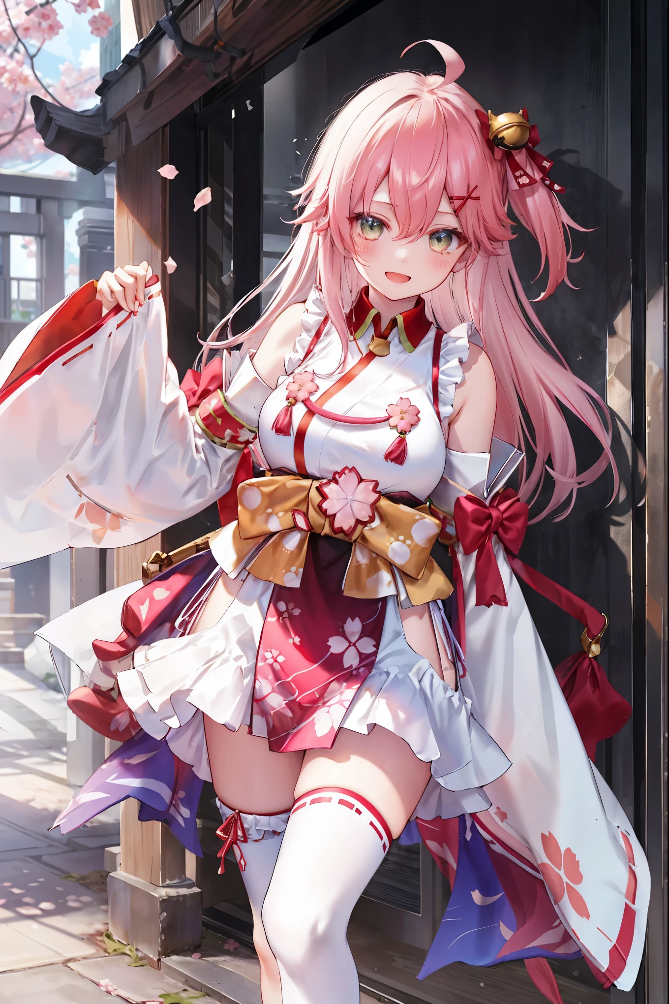 masterpiece, best quality, highres, miko1, sakura_miko, 1girl, big_boobs, solo, ahoge, x_hair_ornament, pink_hair, floral print, hairclip,(side_less_clothes:1.5), (side_boobs:1.5), hair_bell, floral print, long_hair, hair between eyes, one side up, white thighhighs, asymmetrical legwear, wide sleeves, open_mouth,(happy:1.3),gleen_eyes,big_smile,(rise_leg:1.3),plump,apart_legs,(overly_long_sleeves:1.3),),sleeves_past_wrists,hands_hidden_sleeves,sidelock_clothes,dynamic_posing,solo,hidden_wrists,(XD:1.4),covered_nipples,sunlight,cherryblossom_background,