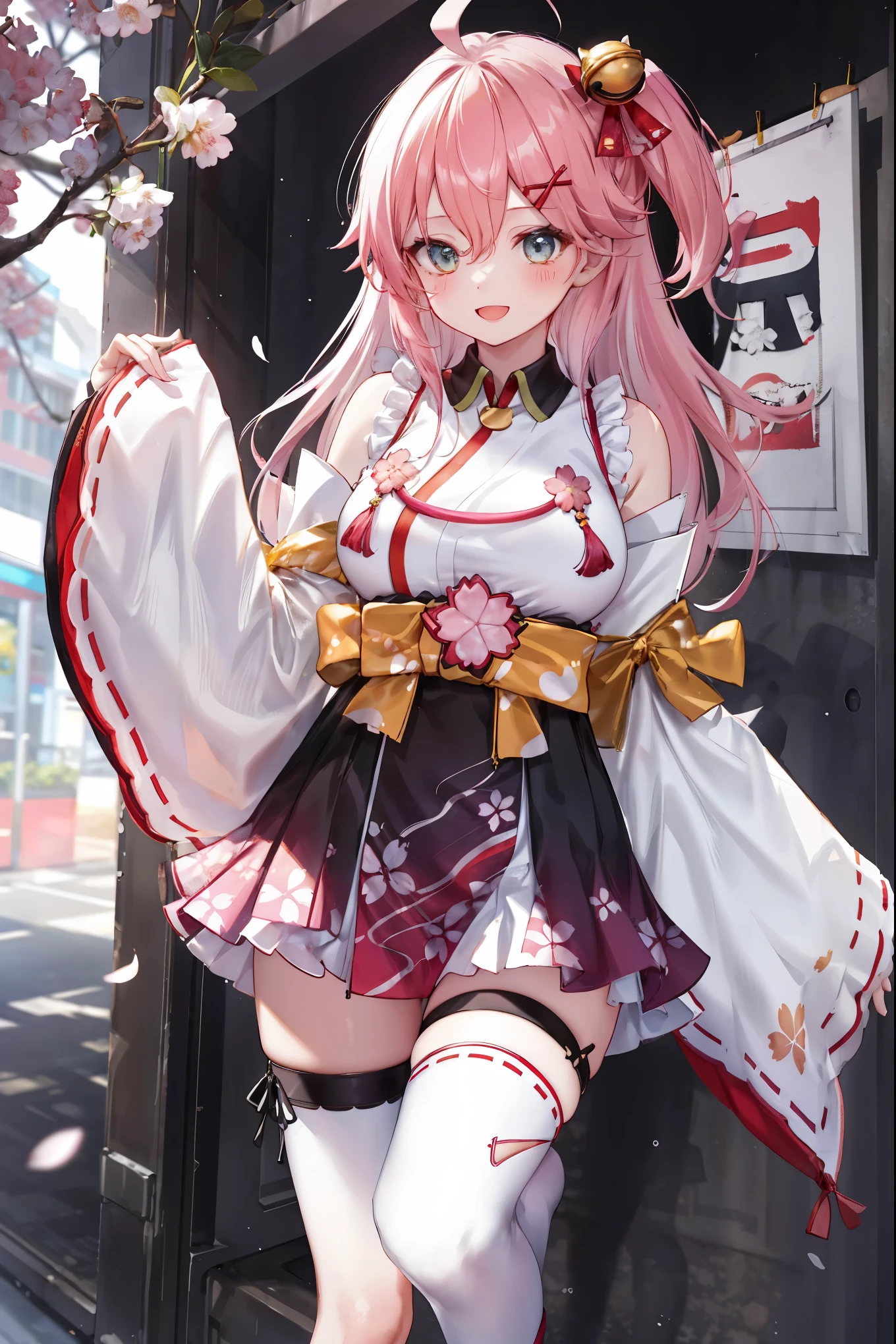 masterpiece, best quality, highres, miko1, sakura_miko, 1girl, big_boobs, solo, ahoge, x_hair_ornament, pink_hair, floral print, hairclip,(side_less_clothes:1.5), (side_boobs:1.5), hair_bell, floral print, long_hair, hair between eyes, one side up, white thighhighs, asymmetrical legwear, wide sleeves, open_mouth,(happy:1.3),gleen_eyes,big_smile,(rise_leg:1.3),plump,apart_legs,(overly_long_sleeves:1.3),),sleeves_past_wrists,hands_hidden_sleeves,sidelock_clothes,dynamic_posing,solo,hidden_wrists,(XD:1.4),covered_nipples,sunlight,cherryblossom_background,