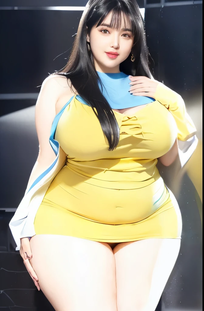 girl in yellow dress with long black hair and a blue top, she has a jiggly fat round belly, thicc, oppai, full body close-up shot, faye valentine, cell shaded adult , bottom body close up, full body shot close up, with a large breasts, oppai proportions, sfw huge breasts, breasts covered and sfw