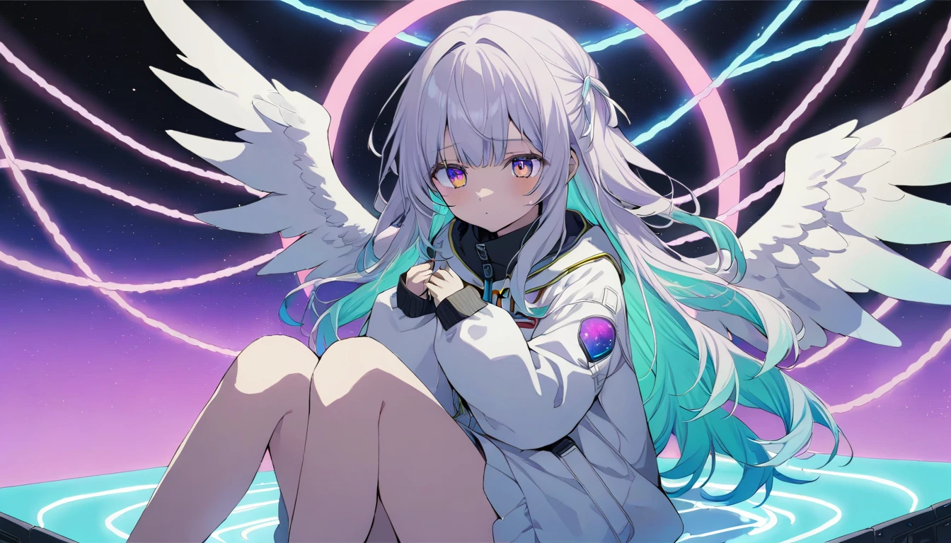 1 Girl, By Yoneyama, From maimuro, Fake dough, Wave, Heterochromic pupils, (Sitting on a neon planet), Cowboy shooting,excellent quality, depressed, Angel Wings, Solitary, White long hair, Wings bangs, provocation, Space Background, Aesthetic comparison of cables and wires, beautiful color, (excellent quality:1.5), masterpiece