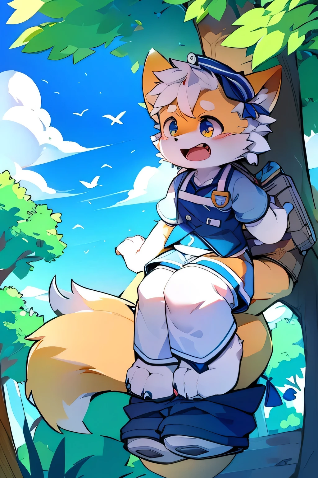 Blue fur, Canine, fox motif, boy, uniform,fly in the sky,Laughter,