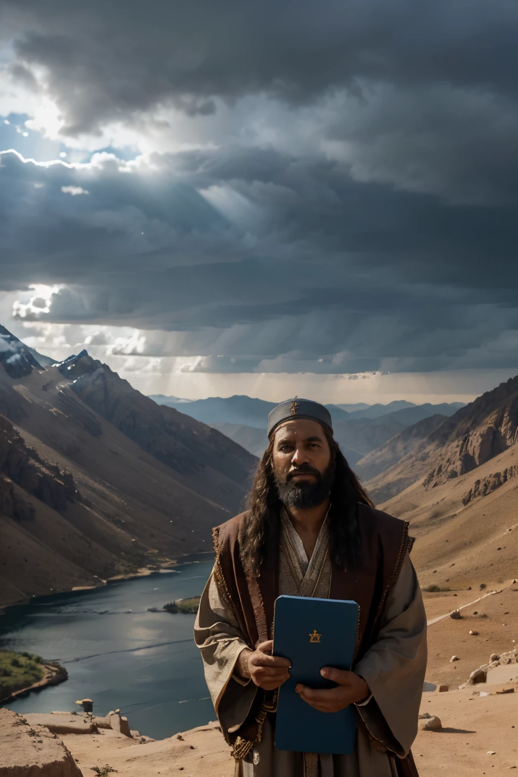 "Portrait of Moses, the biblical leader, holding the Tablets of the Law on Mount Sinai. He is wearing old traditional clothes, com uma longa barba e cabelo grisalho. The background shows Mount Sinai under a dramatic sky with dark clouds and rays of light. Moses&#39; expression is of divine wisdom and authority."