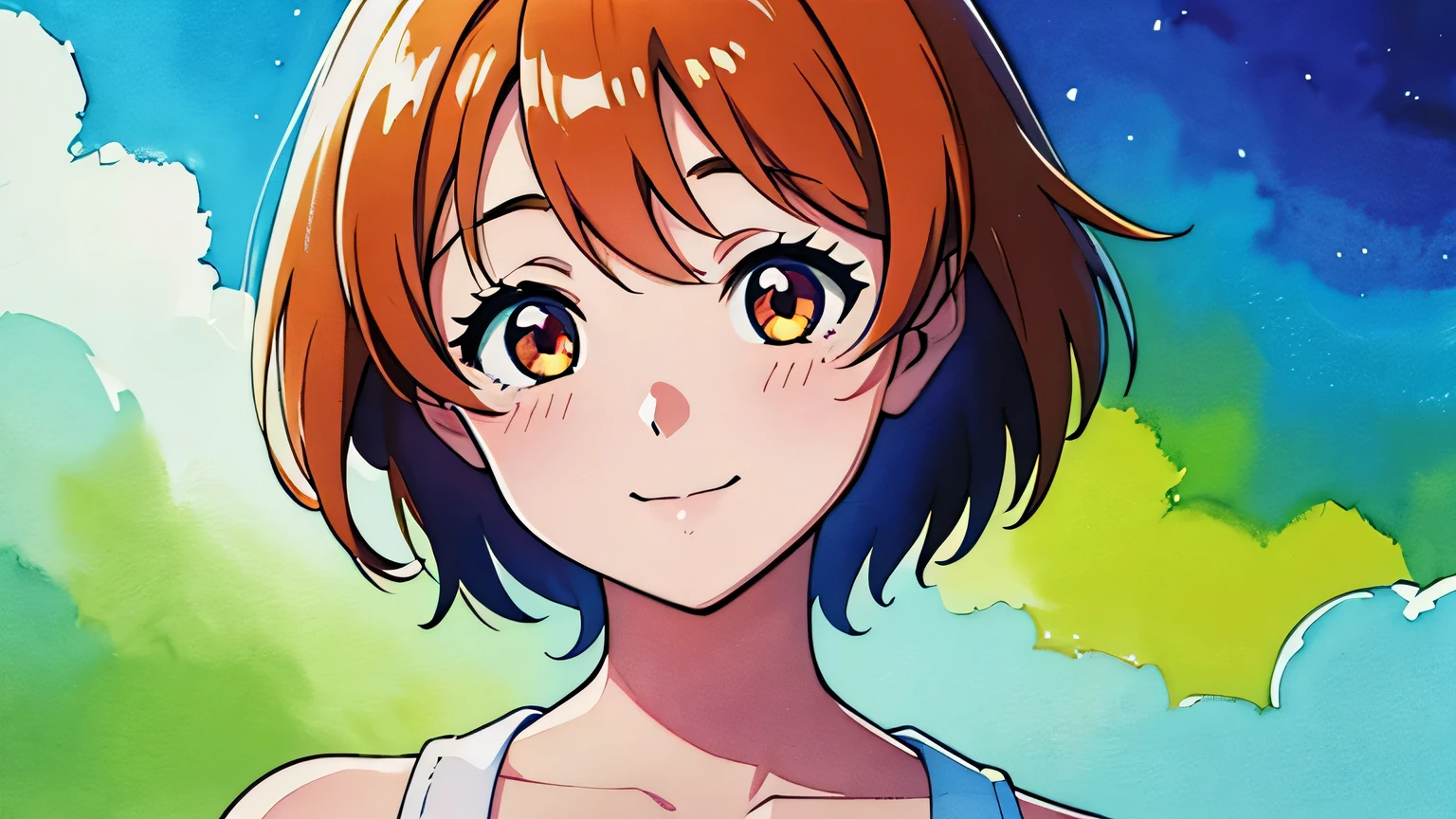 (High resolution, highest quality:1.2), shine, Soft contours, Beautiful painting, Upper Body, Concept Art, Detailed Background, Bright colors, One girl, (8k, highest quality, masterpiece:1.2),(highest quality:1.0), (ultra High resolution:1.0), watercolor, One girl, Kyoani Haruhi style, nagato yuki, short hair, Agnes Cecil, Half Body Portrait, Very bright and luminous design, pastel colour, (ink:1.3), Summer Light, Traditional Media, watercolor \(Moderate), watercolor background,smile