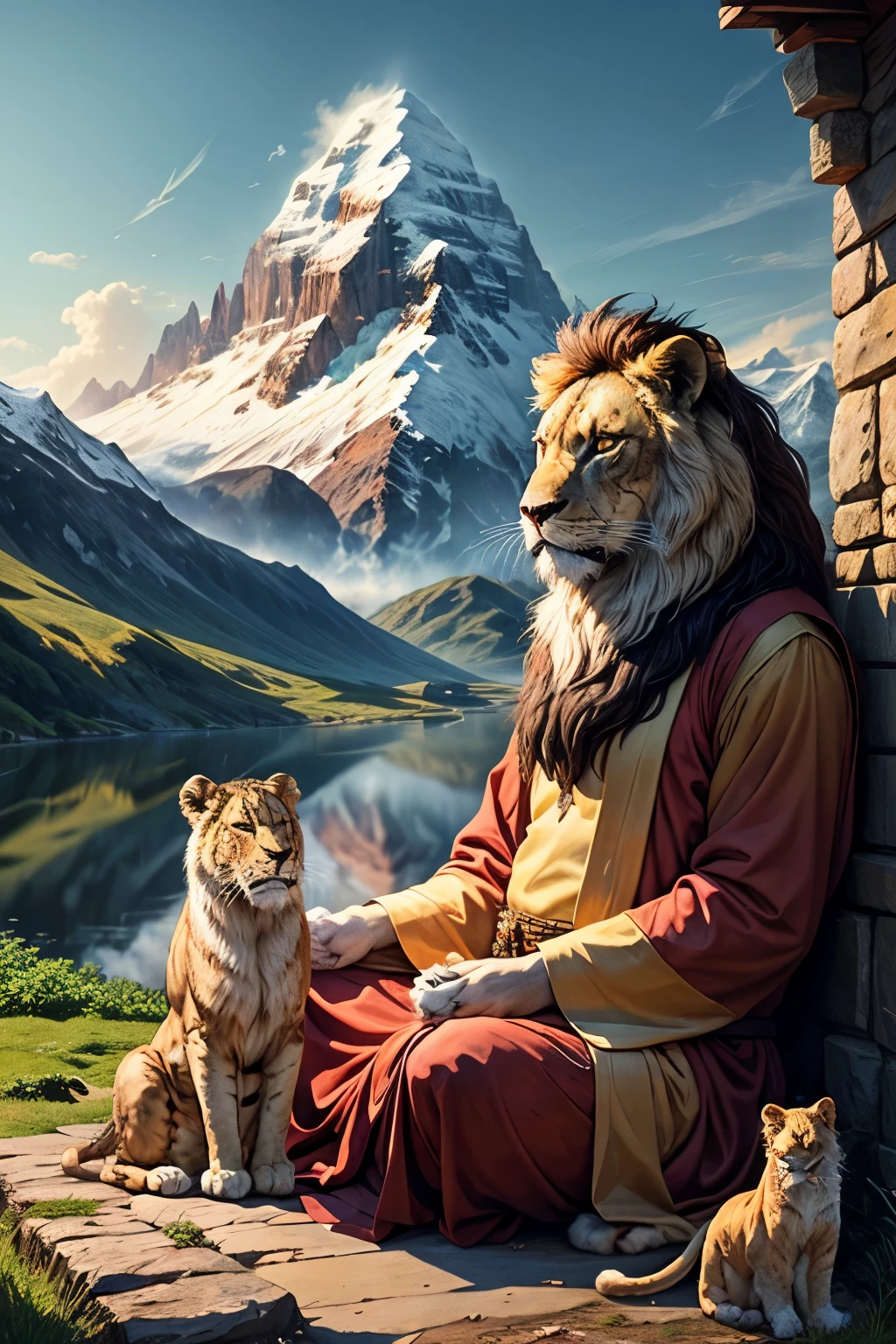 environnement  art, a meditating monk with a lion sitting next to him, paysage, En plein air, rocher, oiseau, ciel, nuage, Montagne, jour  8k, high detail,