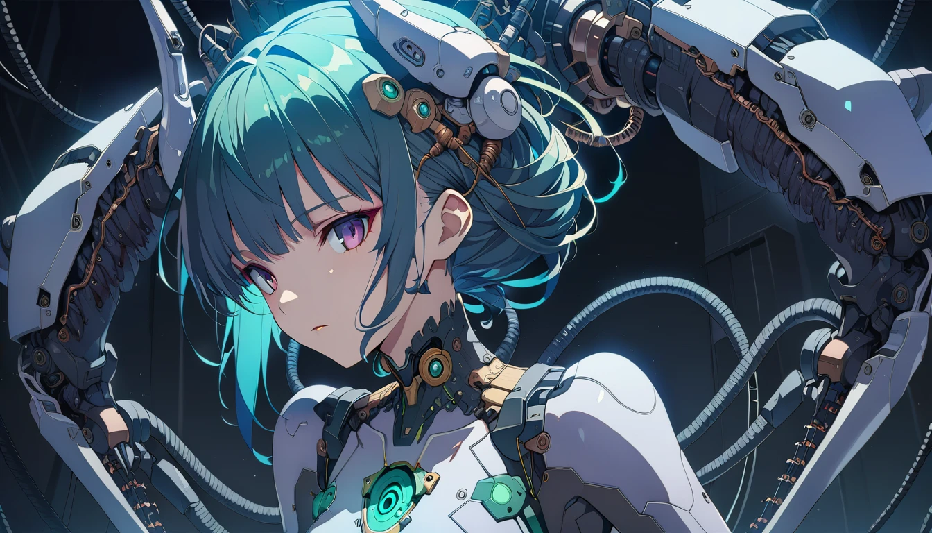 masterpiece,best quality,1mechanical girl,detailed face,shadows,8k,ultra sharp,metal,intricate,ornaments detailed,cold colors,egypician detail,highly intricate details,rending on cgsociety,facing camera,machanical limbs,mechanical cervial attaching to neck,wires and cables connecting to head,killing machine,ghost in the shell,((anime art style))