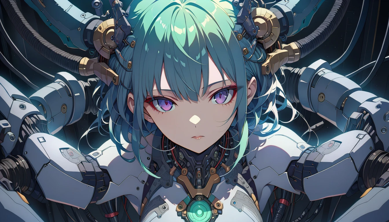 masterpiece,best quality,1mechanical girl,detailed face,shadows,8k,ultra sharp,metal,intricate,ornaments detailed,cold colors,egypician detail,highly intricate details,rending on cgsociety,facing camera,machanical limbs,mechanical cervial attaching to neck,wires and cables connecting to head,killing machine,ghost in the shell,((anime art style))