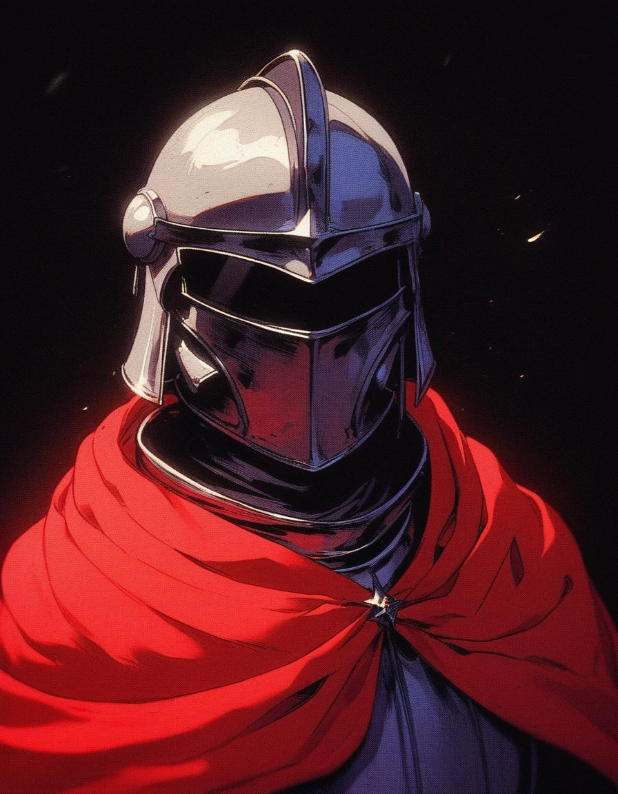 score_9, knva, halftone effect, armored medieval knight, helmet with closed visor, red cloak, black background,