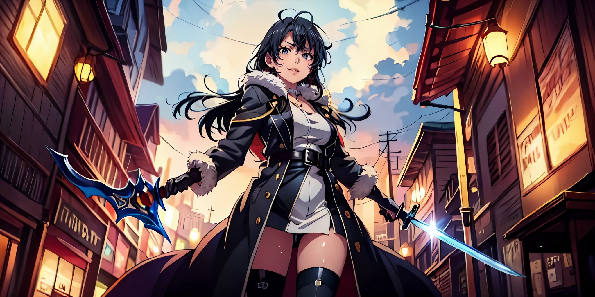 long hair, black hair, grey eyes, curvy, mature woman, lips,1girl, weapon, solo, holding_sword, sword, breasts, skirt, gloves, closed_mouth, holding_sword, black_gloves, standing, from_below, bangs, coat, medium_breasts, black_legwear, dress, belt, looking_at_viewer, (anime coloring, anime screencap:1.3), sweating, steaming body, fog, hollow eyes, grey eyes, lips, looking at viewer, smirk, upper teeth,
