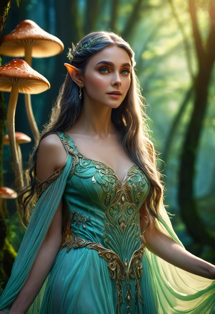a beautiful elf girl, intricate fantasy elf character, pointed ears, elegant long hair, mystical glowing eyes, delicate facial features, ethereal skin, flowing dress, graceful pose, lush forest background, magical glowing mushrooms, fantasy landscape, cinematic lighting, detailed ornate details, vibrant colors, (best quality,4k,8k,highres,masterpiece:1.2),ultra-detailed,(realistic,photorealistic,photo-realistic:1.37)