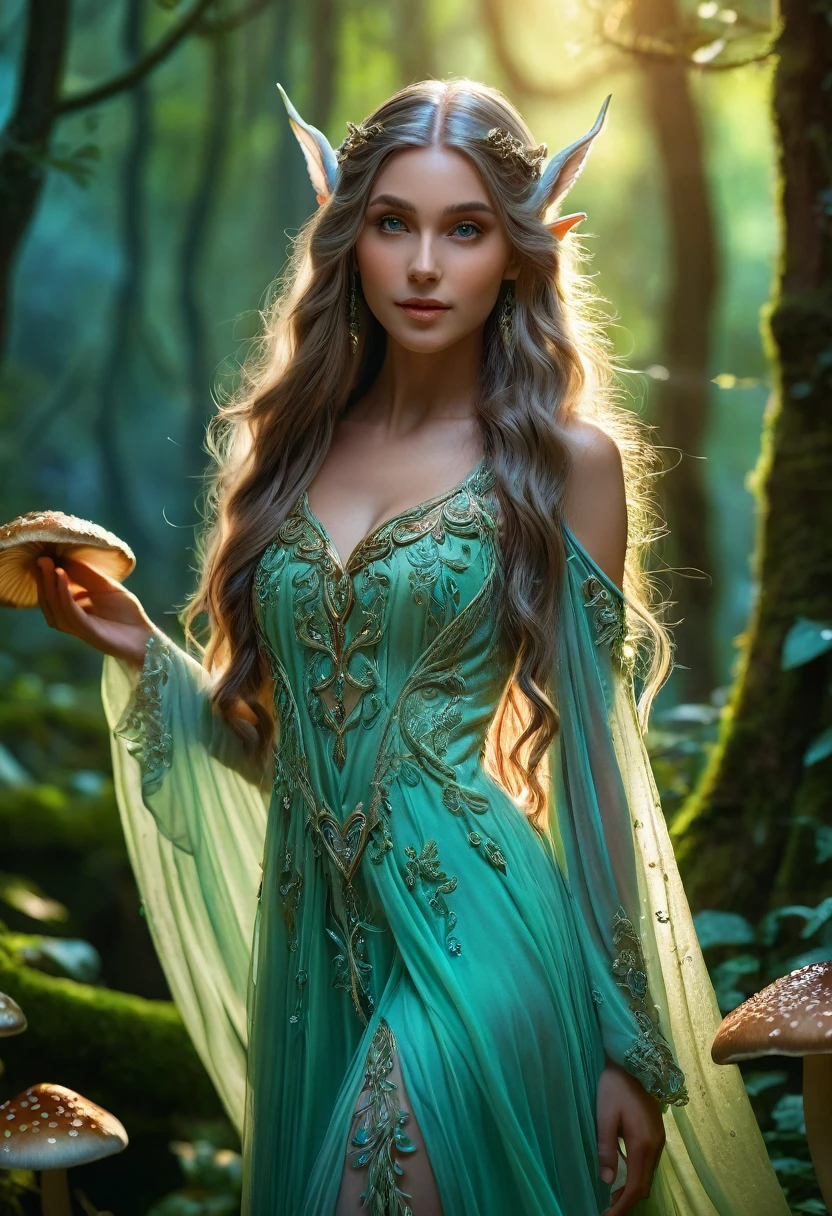 a beautiful elf girl, intricate fantasy elf character, pointed ears, elegant long hair, mystical glowing eyes, delicate facial features, ethereal skin, flowing dress, graceful pose, lush forest background, magical glowing mushrooms, fantasy landscape, cinematic lighting, detailed ornate details, vibrant colors, (best quality,4k,8k,highres,masterpiece:1.2),ultra-detailed,(realistic,photorealistic,photo-realistic:1.37)