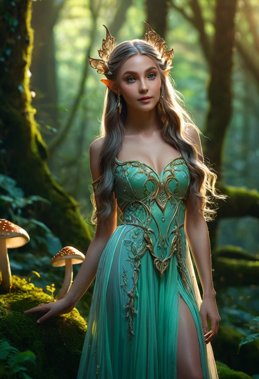 a beautiful elf girl, intricate fantasy elf character, pointed ears, elegant long hair, mystical glowing eyes, delicate facial features, ethereal skin, flowing dress, graceful pose, lush forest background, magical glowing mushrooms, fantasy landscape, cinematic lighting, detailed ornate details, vibrant colors, (best quality,4k,8k,highres,masterpiece:1.2),ultra-detailed,(realistic,photorealistic,photo-realistic:1.37)