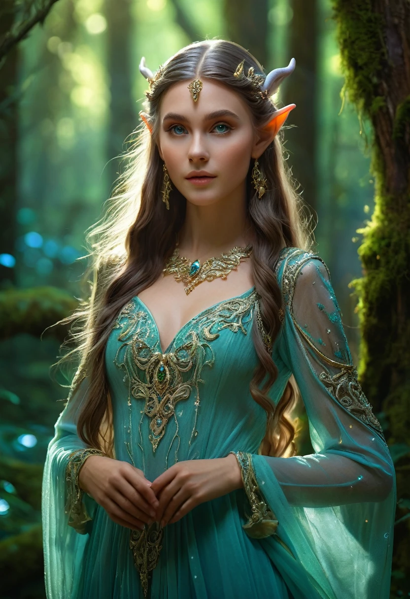 a beautiful elf girl, intricate fantasy elf character, pointed ears, elegant long hair, mystical glowing eyes, delicate facial features, ethereal skin, flowing dress, graceful pose, lush forest background, magical glowing mushrooms, fantasy landscape, cinematic lighting, detailed ornate details, vibrant colors, (best quality,4k,8k,highres,masterpiece:1.2),ultra-detailed,(realistic,photorealistic,photo-realistic:1.37)
