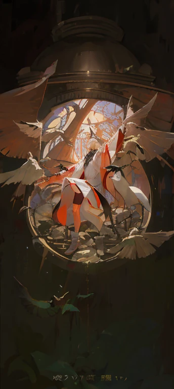 There is a man standing on a pile of birds，Holding a sword in hand, 受 Ross Tran 启发的Concept Art, Popular on Pixiv, Concept Art, 成群的crow, huginn and muninn flying in the sky, crow, Wings growing from arms, crow as a symbol of death, Kushat, huge Wings growing from arms, crow beautiful, 在crow中