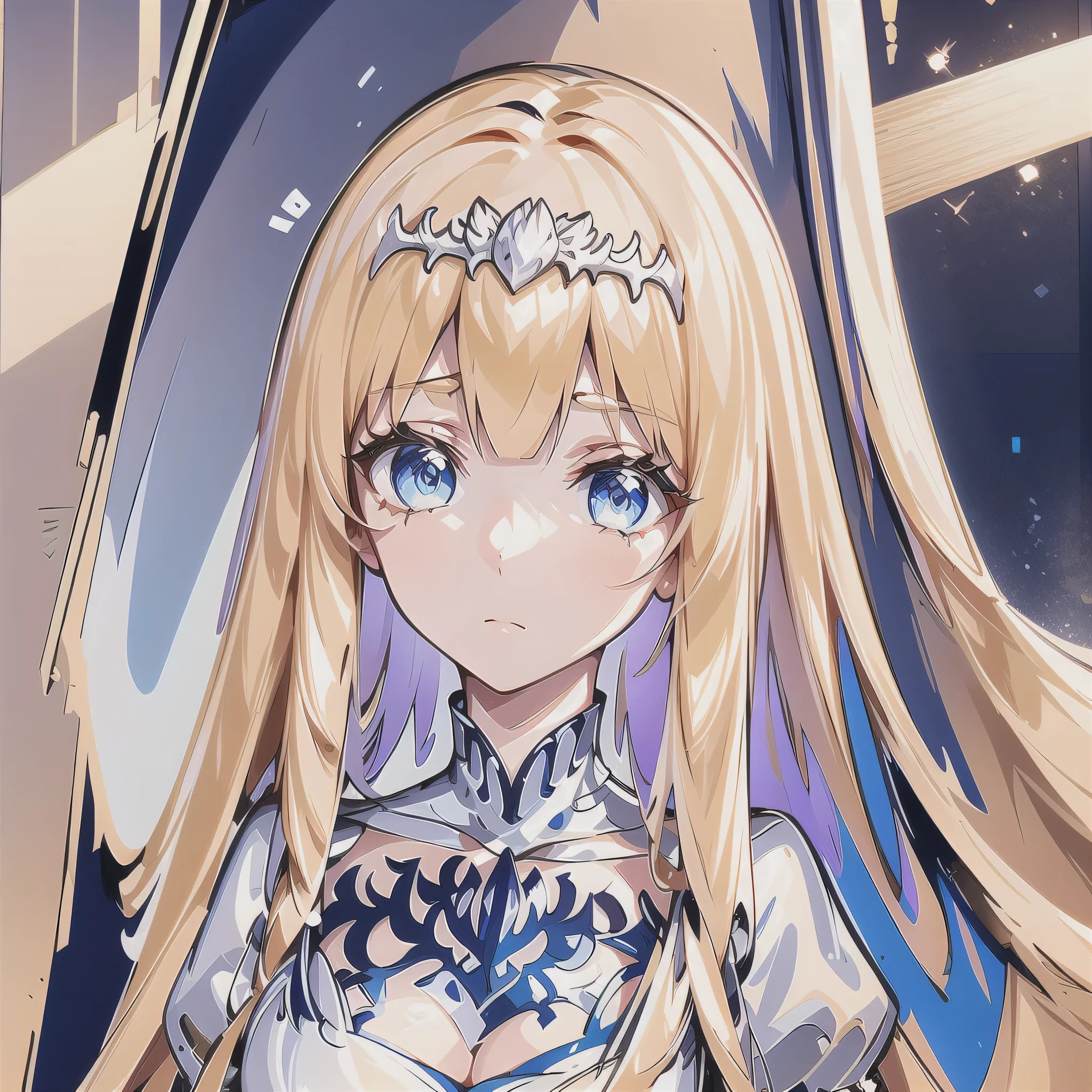 serene expression, standing, upper body, outdoors, (close-up:1.4), face, eyeliner, (high-resolution illustration), anime girl, (high quality), 1girl, 4k, detailed background, face marks,1girl, solo, Calca, Calca Bessarez, blonde hair, (extremely long hair:1.3), very long hair, white tiara, white dress, blue eyes, medium chest