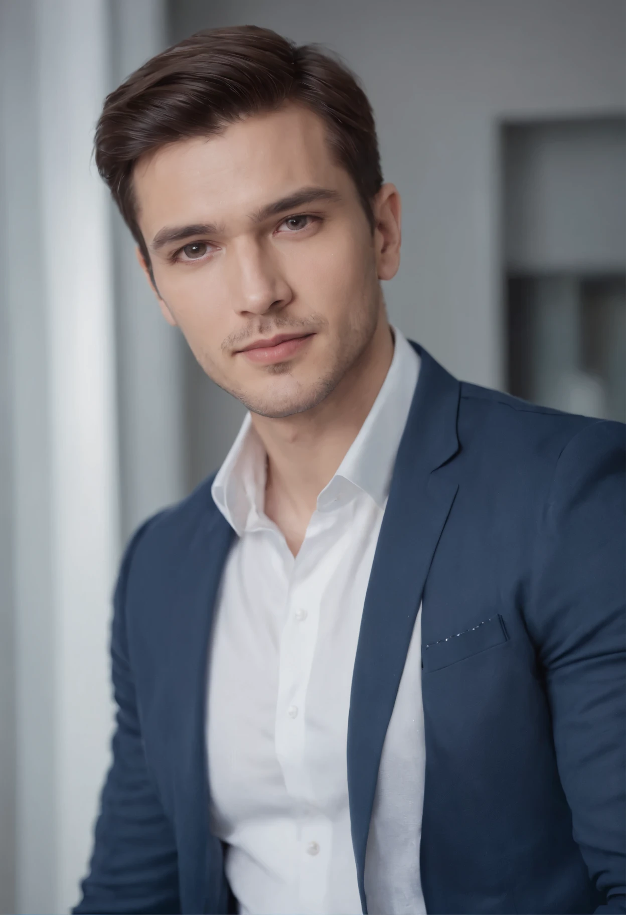 Portrait of handsome man 30 years old round face cinematic appearance、White shirt and jacket in office、Looking straight ahead at the camera、Genial look、Gentle eyes、blue jacket