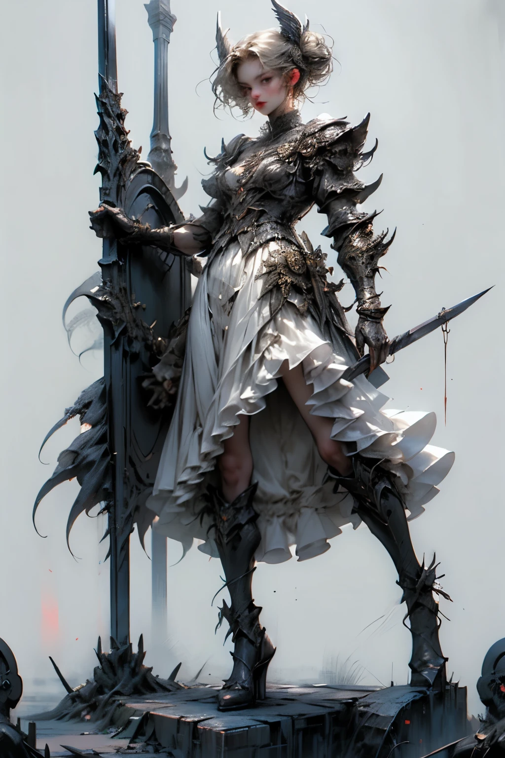 ((best quality)), ((masterpiece)), (detailed), perfect face ((best quality)), ((masterpiece)), (detailed), blank white background, plain background, white background, Bloodborne inspired, occult aesthetic, occult, detailed and intricate steampunk and detailed gothic, NSFW, Very dramatic and cinematic lighting, cosmic horror, grim-dark, side-lighting, perfect face, a beaituful goddess valkyrie adorned and enshrined in armour, Bloodborne inspired valkyrie, occult aesthetic valkyrie, occult valkyrie, detailed and intricate steampunk and detailed gothic valkyrie, wielding a sword and holding a shield, NSFW, Fluttering lace flared long knee length dress with frilly petticoats, knee length dress, pleated petticoats, lolita dress, petticoats gothic lolita, side-lighting, gothic lolita aesthetic, beautiful small breasts, small breasts, full body, whole body, body, plain background, white background, blank background, no background, white background NSFW, full body, whole body, head-to-toe