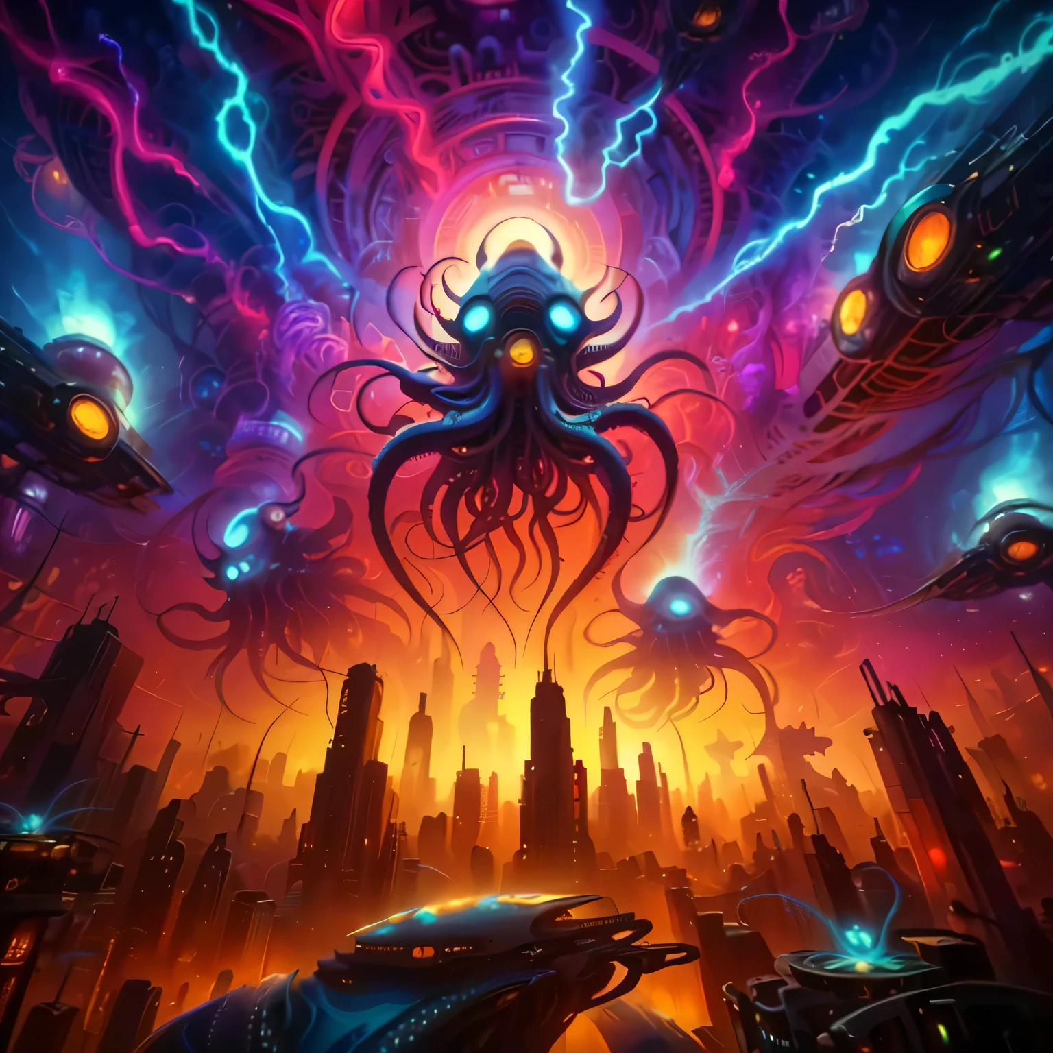 a painting of a futuristic city with a giant octopus and many other strange creatures, dan mumford and alex grey style, fractal thunder dan mumford, in the style dan mumford artwork, dan mumford. concept art, dan mumford tom bagshaw, dan mumford. octane render, dan mumford paint, painting by dan mumford, by Dan Mumford, sci-fi horror artwork