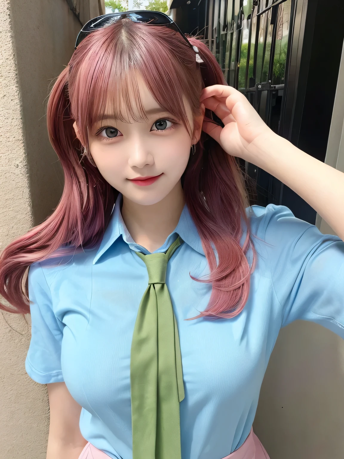 highest quality, figure, Pink Hair、sexy、slender、Green tie、Open front pink shirt、Blue exy、Shapely small breasts、sexy、sexy、Very detailed, Fine details,Slim body、slender、Japanese girl、 High resolution, 8k,wallpaper, Perfect dynamic composition, Beautiful fine details, Twin tails、Big Natural Color Lip, smile、Cold Stare,-yeld giCute type、Lolita、Good Eyes、whole body,Light blue wall,Sexy thighs are visible、