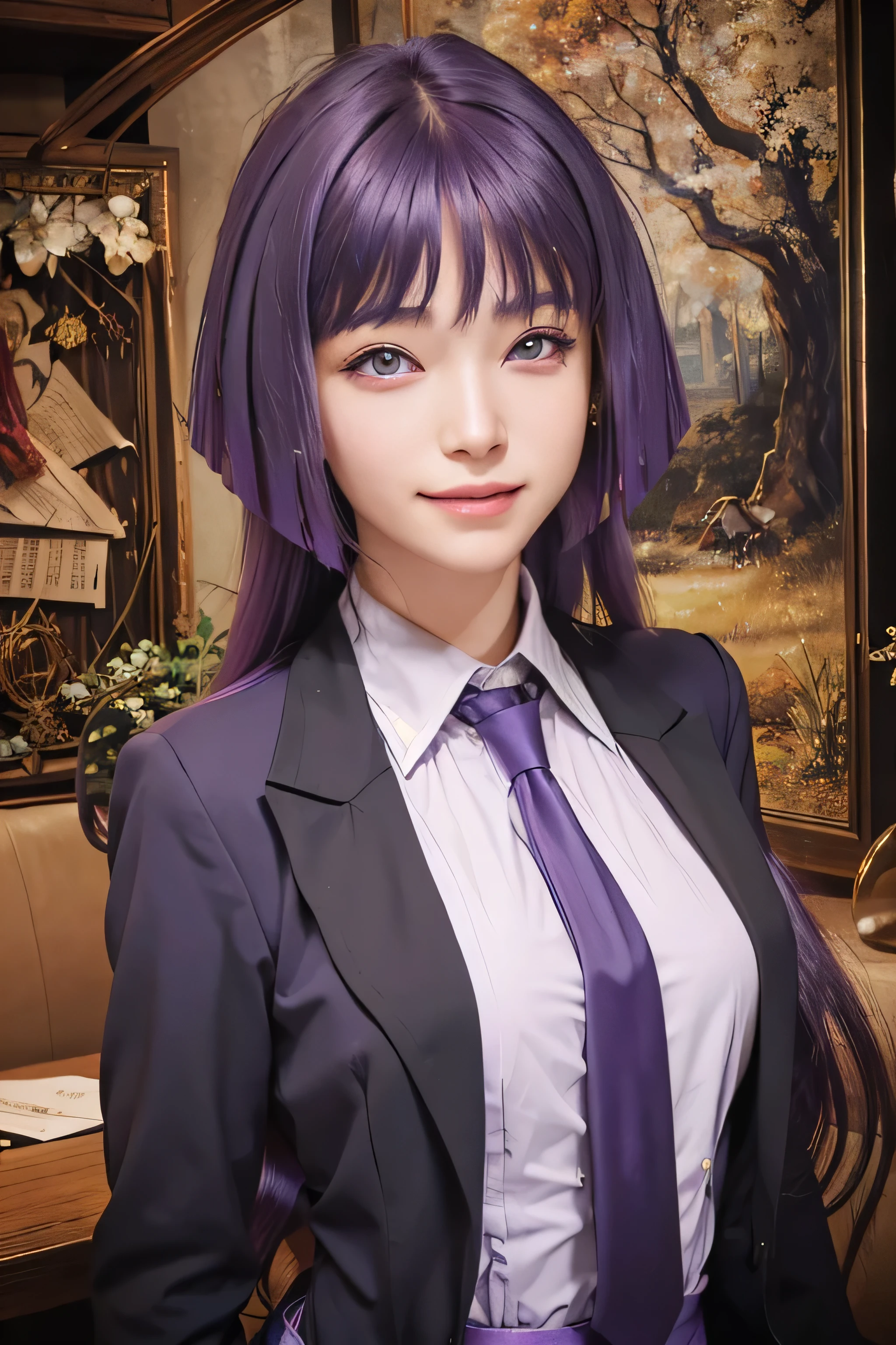 masterpiece, best quality, (realistic,photo-realistic:1.4), (RAW photo:1.2), extremely detailed CG unity 8k wallpaper, delicate and beautiful, amazing,finely detail, official art, absurdres, incredibly absurdres, huge filesize, ultra-detailed,extremely detailed eyes and face,light on face,sumire kakei,(evil smile:1.3),(purple hair:1.4),(long hair:1.6),(wearing formal clothes:1.4),library background,necktie