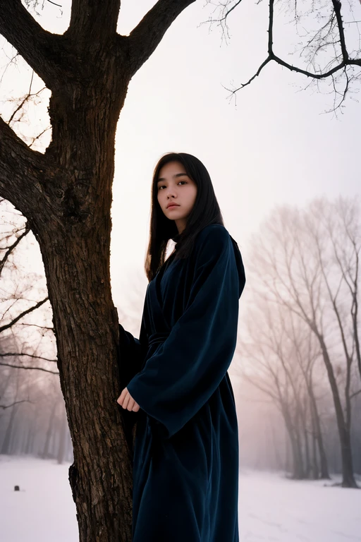 (highly detailed and realistic image), (best angle shot), (natural lighting),
photo of a 19-year-old Asian girl, good shape build, pale skin, a beautiful face with youthful and elegant appearance, long black hair, calm attitude,
she draped her naked body in a ((black)) Renaissance robe, a lantern in her hand, standing at a misty landscape with blue ambience, dead oak tree,
interplay of contrast along with detailed light and shadow, depth of field, dusky and snowy in a far background,