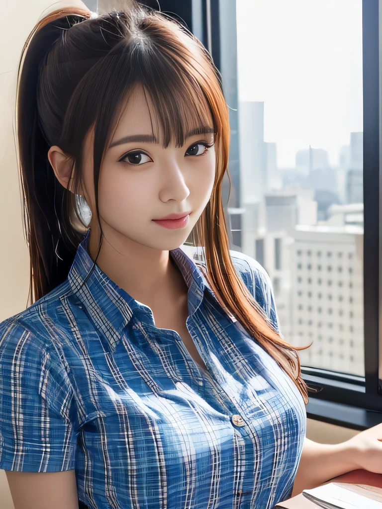 ｟cleavage｠、Breast augmentation, Looking at me on my desk in an office in a high-rise building, wearing tartan check skirt, wearing white Y-shirt、(button the shirt:1.2), (highest quality, 8K, nffsw:1.2),(cute japanese girl), (collared shirt)、(masterpiece、highest quality) 、For clear images、strong sunlight、absolutely amazing images, really beautiful、masterpiece, highest quality photograph, cute、(big breasts:1.2)、((20 year old woman:1.ung adorable japanese face, wet skin, ponytail, soft portrait shot,8K
