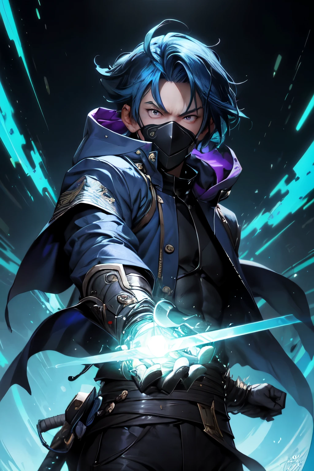 "Create a highly detailed and dynamic image of Yoru, the Japanese duelist from Valorant. Yoru should be depicted with his distinctive blue hair, styled messily, and wearing his signature blue jacket with a hood partially covering his face. His attire should blend futuristic and samurai-inspired elements, giving him a sleek and modern look. Show Yoru in an action pose, with his confident and determined expression. Incorporate elements of his abilities: a ghostly afterimage to represent his 'Fakeout' ability, and a glowing blue portal to symbolize his 'Gatecrash' ability. The background should be a dark, urban environment with neon lights, emphasizing his stealth and the high-tech world of Valorant."




