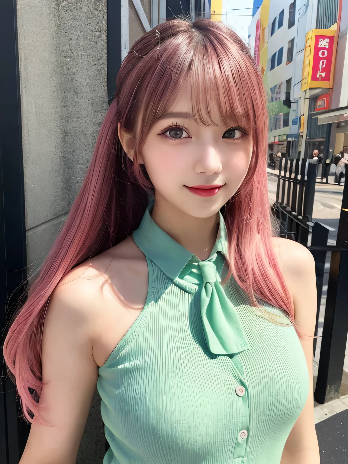 highest quality, figure, Pink Hair、y、slender、Green tie、Open front pink shirt、Blue exy、Shapely small brexy、sexy、y deted, Fine details,Slim body、slender、Japanese girl、 High resolution, 8k,wallpaper, Perfect dynamic composition, Beautiful fine details, Twin tails、Big Natural Color Lip, smile、Cold Stare,15-year-old girla、Good Eyes、whole body,Ligh wall,Sexy thighs are visible、