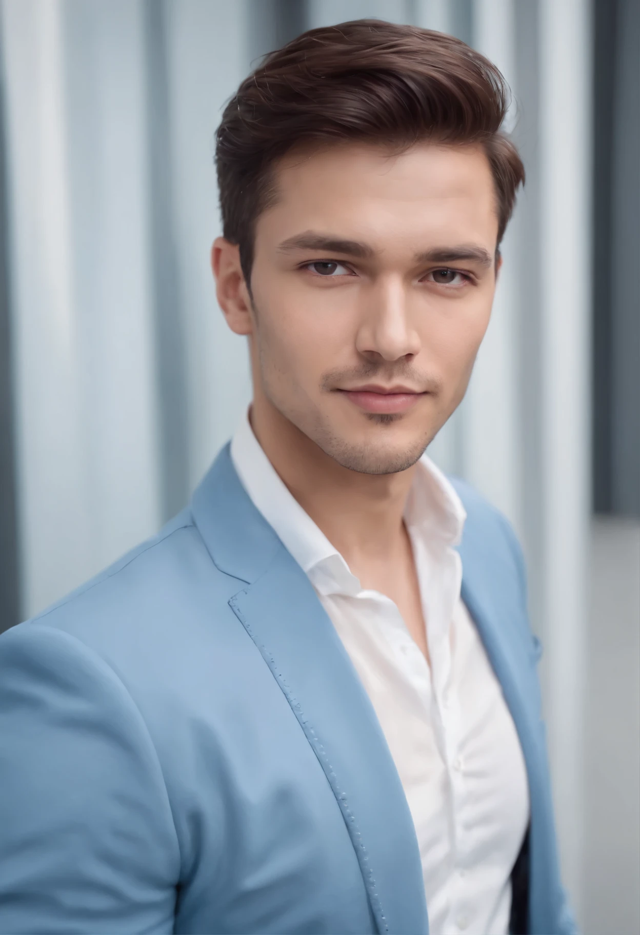 Portrait of handsome man 30 years old round face cinematic appearance、White shirt and jacket in office、Looking straight ahead at the camera、Genial look、Gentle eyes、blue jacket