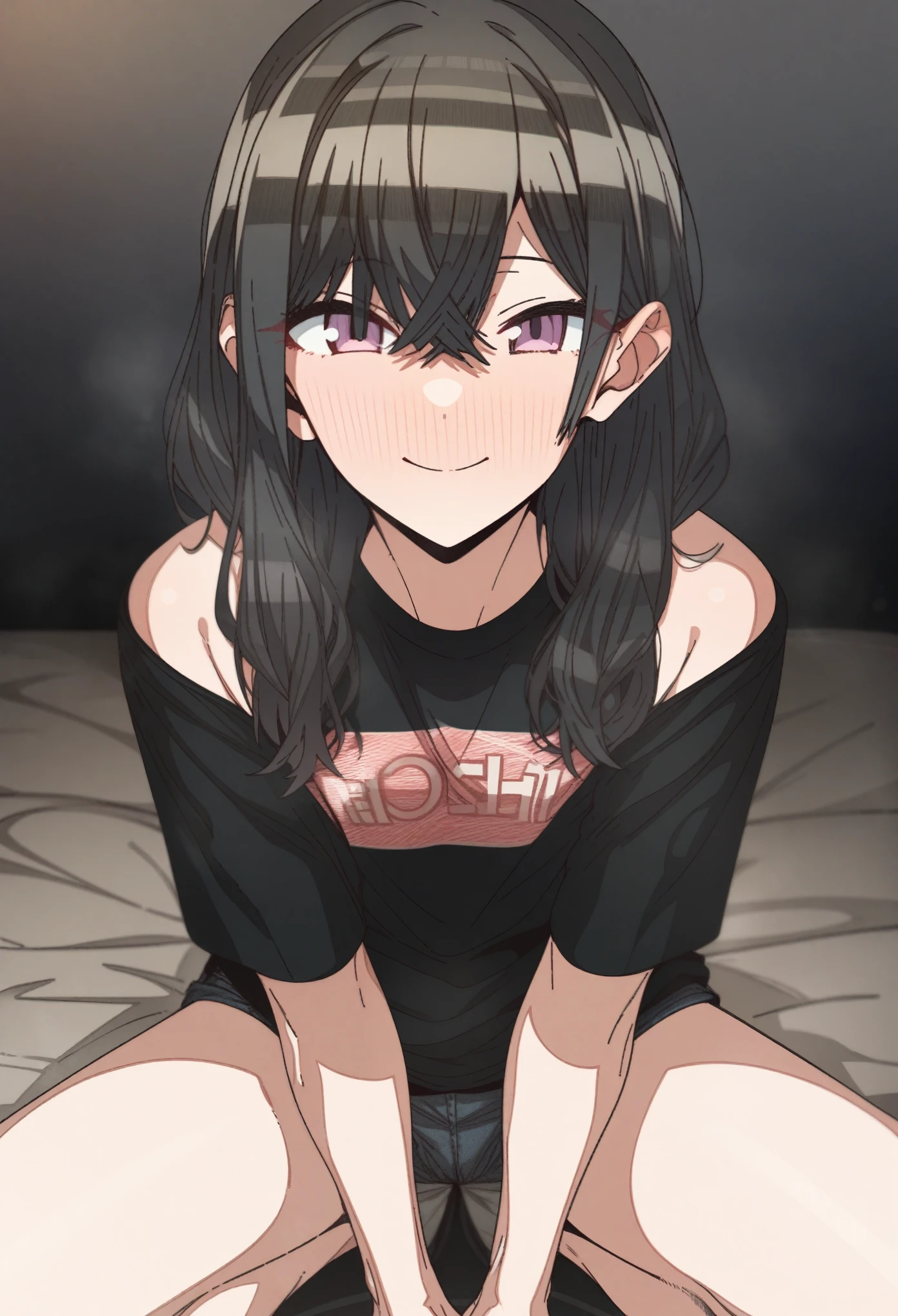 erere, idolmaster, idolmaster_shiny_colors, 1girl, smile, eyes, eyelashes, rating:_????????, 1girl, sitting, black_shirt, hotpants, black_hair, long_hair, masterpiece, best_quality, great_quality, looking_at_viewer, purple_eyes, facing_viewer, hetero, solo, full_body, white background
