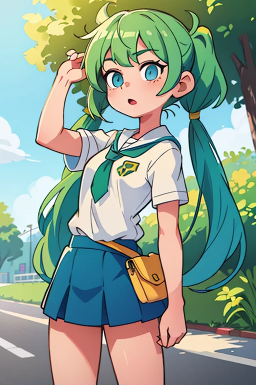 {highest quality}, {{masterpiece}}, {High resolution}, woman,student,School zone,Green Hair,Yellow Mesh,Light blue eyes,small eyes,Twin tails,Long Shot,On the road